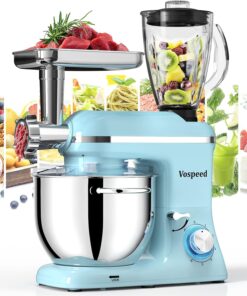 Vospeed 9 IN 1 Stand Mixer, 850W Tilt-Head Multifunctional Electric Mixer with 8 QT Stainless Steel Bowl, 1.5L Glass Jar, Meat Grinder, Hook, Whisk, Beater Dishwasher Safe (Blue)