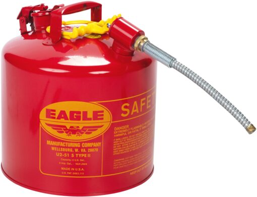 Eagle 5 Gallon Type II Red Safety Gas Can for Gasoline with Flame Arrester, Self-Closing Lid, and 12" x 5/8" Flexible Metal Hose, Made in the USA, Galvanized Steel Flammable Storage Can, U251SX5