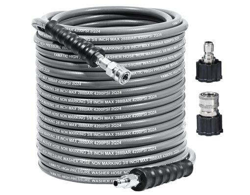 YAMATIC 3/8" Pressure Washer Hose 125FT with Stainless Steel Swivel 3/8" Quick Connect, 4200 PSI Non Marking Rubber Wear Resistant Steel Braided Industry Grade for Hot/Cold Water Gas Power Washer