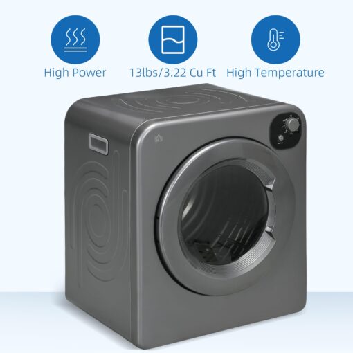 HOMCOM Portable Clothes Dryer, 120V 1300W Compact Laundry Dryer with Intelligent Drying, 3.2 cu.ft Stainless Steel Drum, Front Load Electric Dryer for Apartments, Dorms, RVs, Gray - Image 3
