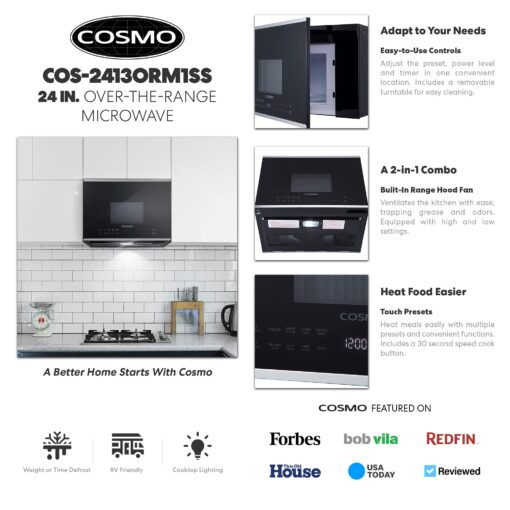 COSMO COS-2413ORM1SS Over the Range Microwave Oven with Vent Fan, 1.34 cu. ft. Capacity, 1000W, 24 inch, Black / Stainless Steel - Image 8