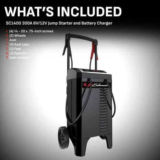 Schumacher Electric Wheeled Battery Charger and Engine Starter, SC1400, 4-in-1, Fully Automatic, 300 Cranking Amps, 60 Amp Boost Mode, 6 Volt, 12 Volt, for Car, Truck, SUV, and Marine Batteries - Image 6
