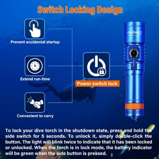 ORCATORCH D710 Scuba Diving Light, 3000 Lumens Super Bright Underwater Flashlight with 6 Degrees Narrow Beam, IP68 Waterproof Night Dive Torch 150 Meters Submersible Light (Blue) - Image 4