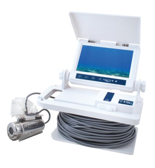 Upgraded Aqua-Vu AV 715C Underwater Fishing Camera – 7" Color Monitor, 75' Cable, White Monitor/Shuttle, Stainless Steel XD Camera, XD Trolling Fin, Sunshield – Ideal for Ice, Saltwater, Freshwater
