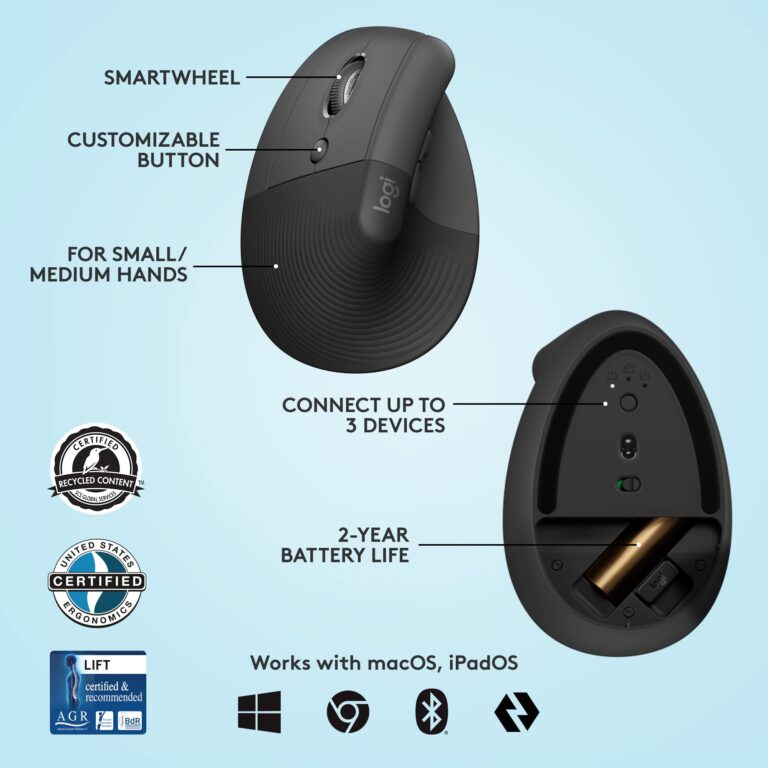 Logitech ERGO K860 Split Wireless Keyboard with wrist support and Lift Left Vertical Ergonomic Mouse, Left-handed, Bluetooth, USB receiver, Quiet, Windows/macOS/iPadOS, Laptop, PC - Graphite - Image 2