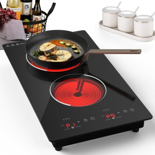 VBGK Electric Cooktop, 12 Inch Built-in Radiant Electric Stove Top,110V 2100W Electric burner with 2 Burners, 9 Heating Level, Timer & Kid Safety Lock, Sensor Touch Control 2 burner Induction Cooktop