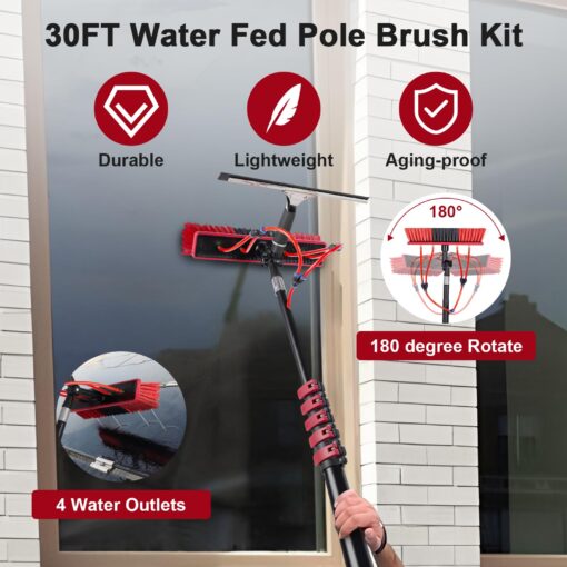 ZKUAOGDI 30ft Long Reach Solar Panel Cleaning Brush Kit, Telescopic Water Fed Pole, Squeegee & 2 Dusting Brushes for Window Outdoor Roof Cleaner Kit - Image 7