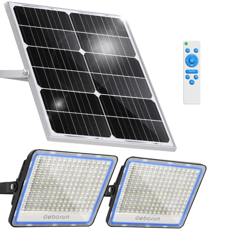 Gebosun 2-Pack 300W LED Solar Flood Light, Remote Controlled, Dusk to Dawn, 30,000Lumen, 6000K, IP67 Waterproof, Wall-Mounted & Pole-Mounted, Perfect for Barn, Warehouse, Backyard and Garden
