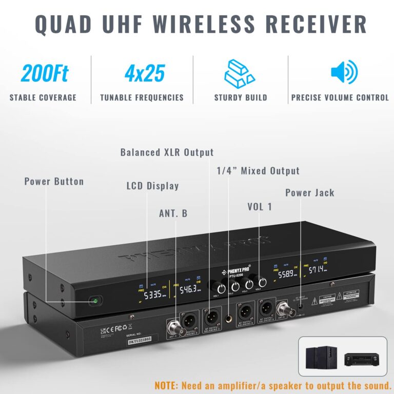 Phenyx Pro Wireless Microphone System, Metal Wireless Mic Set with 4 Cordless Mics, 4x25 UHF Adjustable Frequencies, 200ft Range, Dynamic Microphones for Singing, Karaoke, Church, DJ (PTU-5200-4H) - Image 6