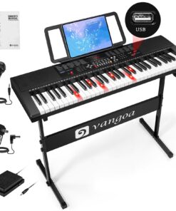 Vangoa 61 Key Keyboard Piano, Light-Up Electric Piano Keyboard Kit with 600 Voices, 400 Rhythms with Piano Stand, Microphone, Recording/USB, Gift for Beginners, Black (VGK6101)