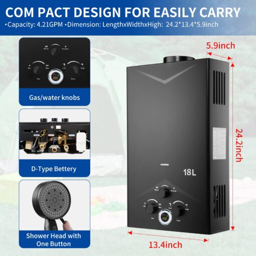 forimo Tankless Water Heater 4.74GPM 18L Outdoor Portable GasHot Water Heater Instant Propane Water Heater with Digital Display Multi-Protection for Camping Trips Boat Cabins, Black - Image 7