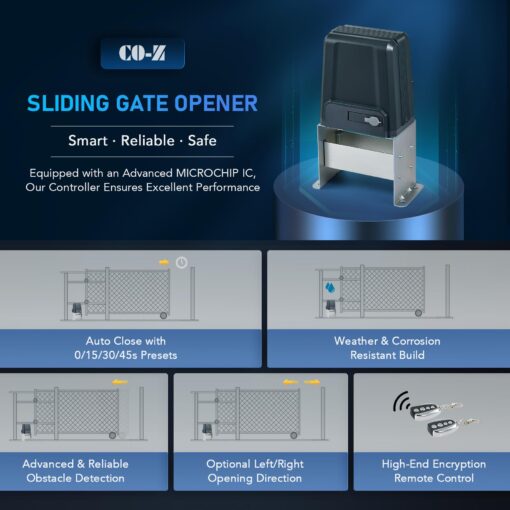 CO-Z Automatic Gate Opener, Sliding Gate Opener Kit for Doors up to 2700lb 20ft, Electric Gate Opener with Remote Control and Release Key, Driveway Home Garden Gate Opening System Gate Complete Kit - Image 7