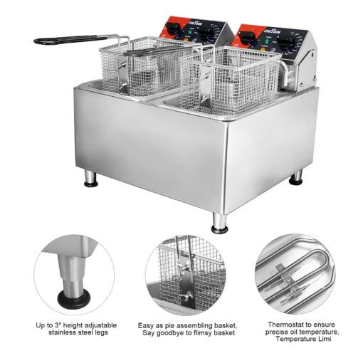 CROSSON 20Lbs Dual Tank Electric Deep Fryer with Rotary fryer head,30 Minitues Timer,Removable 304 SS Oil Tank with Handle,9L Countertop Deep Fryer for Home Use - Image 3