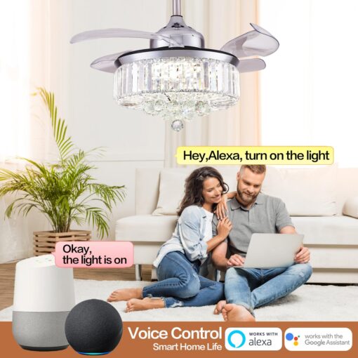 DuMaiWay 48" Alexa Ceiling Fan Smart Ceiling Fan with Light and Remote Fandelier WiFi Modern Crystal Chandelier Fan Retractable Dimmable for Bedroom Living Room - Image 6