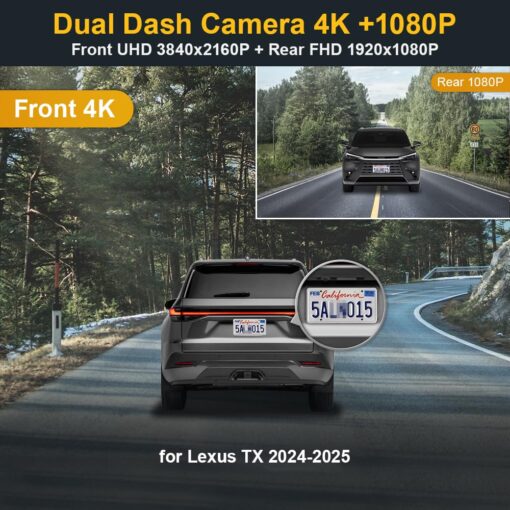 Fitcamx Front 4K+Rear 1080P Dash Cam for 2024-2025 Lexus TX 350 TX 500h Premium Luxury F Sport, Factory OEM Style, 2 Way HD Video, Built-in WiFi&APP, Loop Recording, G-Sensor, Easy to Use, 128GB Card - Image 7