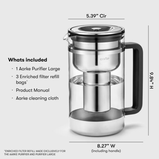 aarke Purifier Large - 1.66 L Glass Water Filter Pitcher Bundle, Refillable Stainless Steel Filter, BPA-Free, Includes (3-Pack) Refill Enriched Granules, Reduce Heavy Metals and Adds Minerals - Image 3