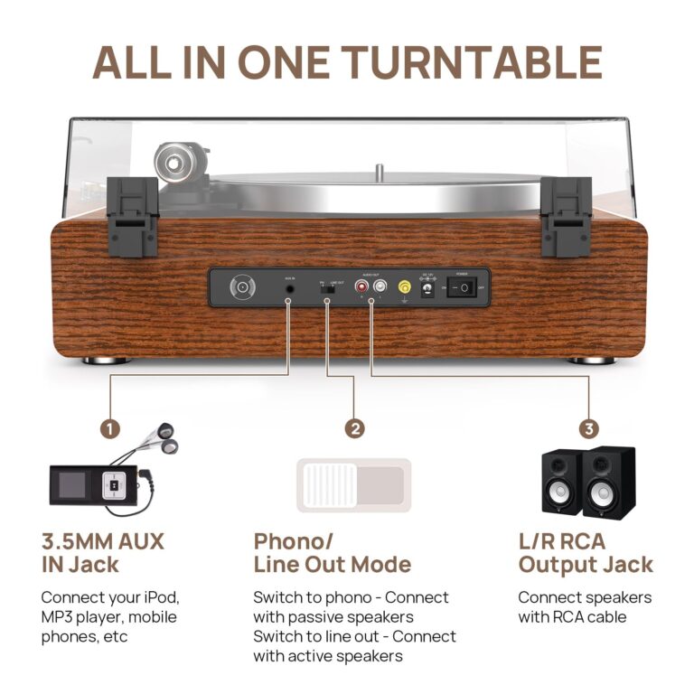 Turntable Record Player with Built-in Speakers, Vinyl Record Player Support Bluetooth Playback Auto Stop 33&45 RPM Speed RCA Line Out AUX in All-in-one Belt-Drive Turntable for Vinyl Records - Image 4