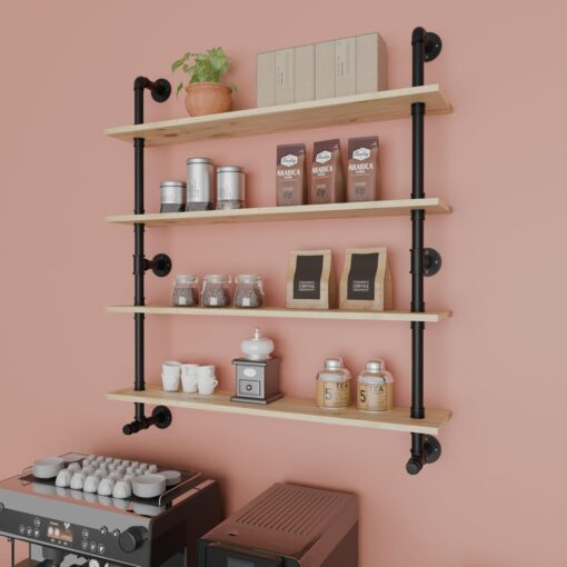 ROGMARS Industrial Pipe Wall Shelves Shelving with Real Wood Plank,48 Inches Floating Shelf for Wall Farmhouse Book Shelves Dark Brown 4 Tier for Kitchen,Living Room Decor and Bar Shelving - Image 8