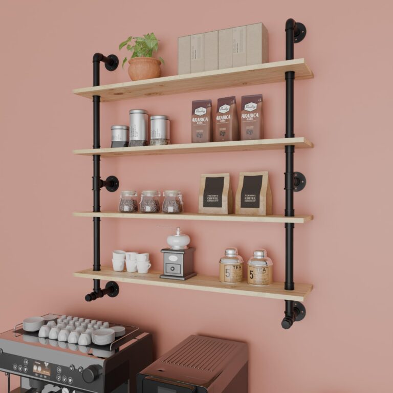 ROGMARS Industrial Pipe Wall Shelves Shelving with Real Wood Plank,48 Inches Floating Shelf for Wall Farmhouse Book Shelves Dark Brown 4 Tier for Kitchen,Living Room Decor and Bar Shelving - Image 8