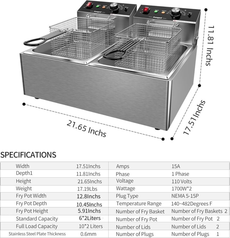 Commercial Deep Fryer with Baskets Stainless Steel Double Deep Fryer with 2 Baskets Capacity 10L X 2(21.3QT) Electric Countertop Fryer for Restaurant and Home Use, 110V 3400W - Image 7