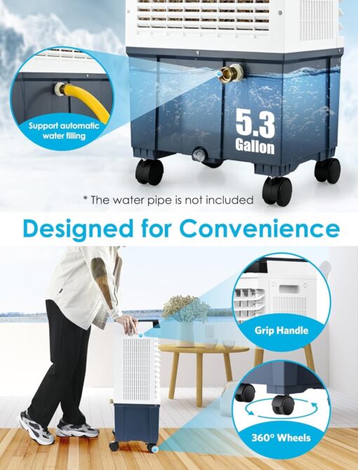 Air Choice Swamp Cooler, 1800 CFM Evaporative Air Cooler with 5.3 Gal Water Tank, 110° Swing, 3 Speeds, 4 Ice Box, Remote, 12H Timer, Portable Air Cooling Fan for Outdoor & Indoor, Gray - Image 5