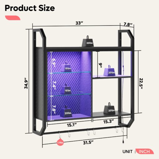 Bestier LED Gaming Floating Shelves, 34" Wall Mounted Shelf Pipe Shelves Hanging Display Rack Bookshelf with 6 S-Hook, Gaming Room Decor Wine Coffee Bar, Black Carbon Fiber - Image 2