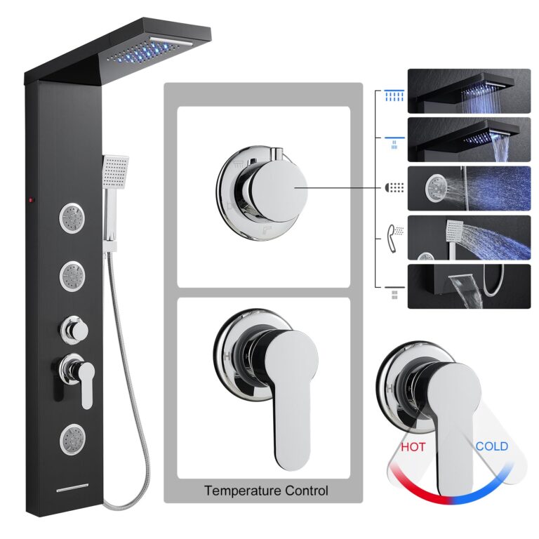 TSIBOMU Multi-Function LED Lights Shower Panel System Black, 5 in 1 Shower Panel Include Rainfall & Waterfall Shower Head, 3 Pcs Adjustable Massage Jets, Handheld Shower, Tub Spout - Image 7