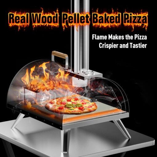 Multi-Fuel Pizza Oven Outdoor, 12" Portable Wood and Gas Fired Pizza Oven with Thermometer,Gas Hose & Pizza Stone,Heats up to 1000°F,Stainless Steel Pizza Oven for Backyard or Camping (Black) - Image 5