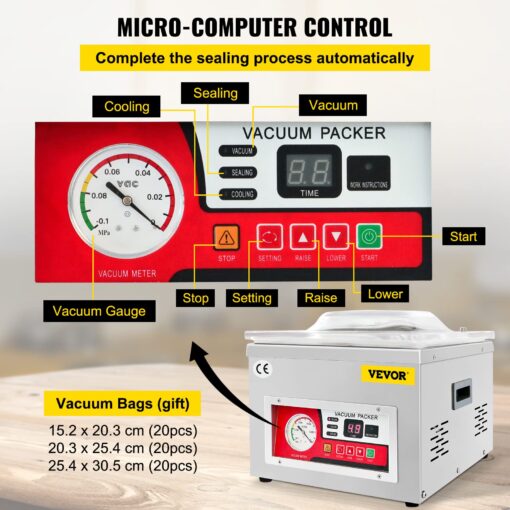 VEVOR Chamber Vacuum Sealer, DZ-260A 6.5 cbm/h Pump Rate, Excellent Sealing Effect with Automatic Control, 110V/60Hz Professional Foods Packaging Machine Used for Fresh Meats (260W) - Image 7