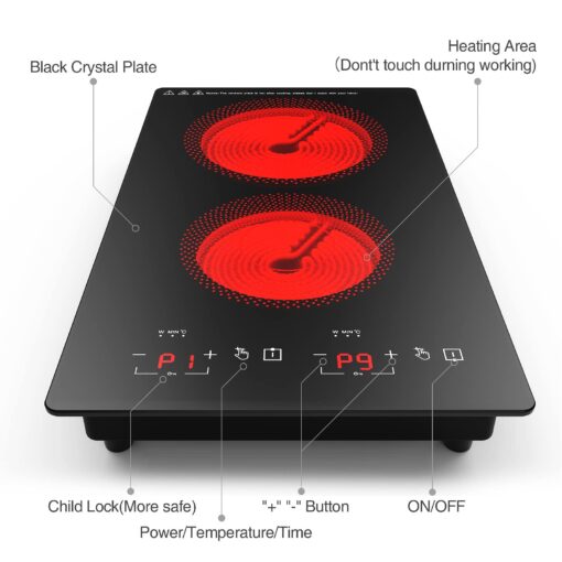 Electric Cooktop 2 Burners 2100W, 110v Electric Stove Top 12 inch, Independent Control 20 Temperature Ranges 9 Power Levels Induction Cooktop, All Kinds of Cookwares - Image 8