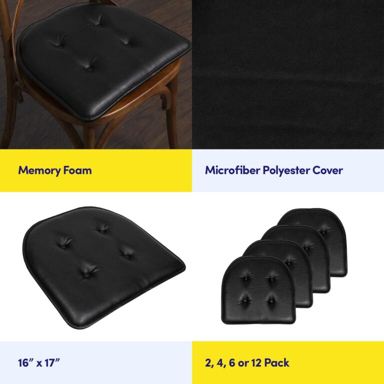 Sweet Home Collection Chair Cushion Memory Foam Pads Tufted Slip Non Skid Rubber Back U-Shaped 17" x 16" Seat Cover, 12 Pack, Faux Leather Black - Image 2