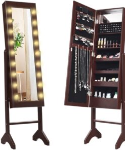 Giantex Standing Jewelry Armoire with 18 LED Lights Around the Door, Large Storage Mirrored Jewelry Cabinet with Full Length Mirror, 16 Lipstick Holders, 1 Inside Makeup Mirror (Brown)