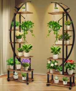 homegroove 2 pcs 6 Tier Tall Metal Plant Stand Indoor with Growing Light, Half Moon Shape Large Plant Shelf & Detachable Wheels, Curved Ladder Flower Pot Stand Rack for Home Patio Lawn Garden Balcony