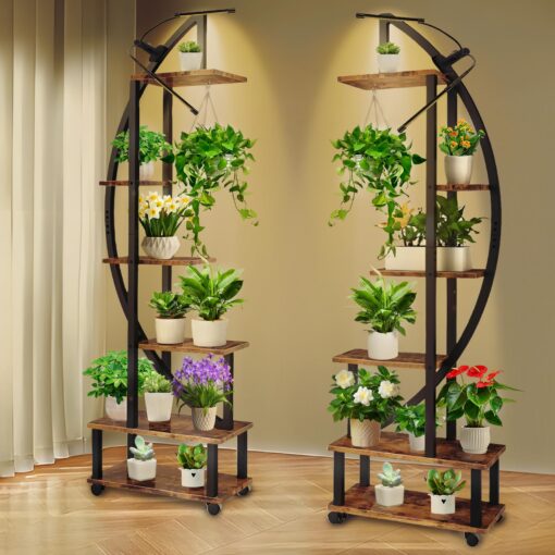 homegroove 2 pcs 6 Tier Tall Metal Plant Stand Indoor with Growing Light, Half Moon Shape Large Plant Shelf & Detachable Wheels, Curved Ladder Flower Pot Stand Rack for Home Patio Lawn Garden Balcony