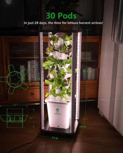 DPROOTS Hydroponic Tower Growing System Kits，30 Pods Vertical Indoor Garden，360° Full-Spectrum Lighs, Automatic Water Circulation System，Suitable for Leafy Greens and Herbs - Image 9