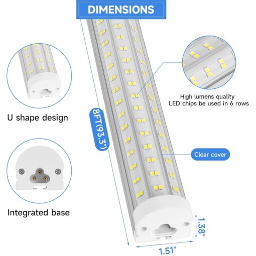 Phiwicsh 8Pack 8FT LED Shop Light, U Shape 125W Integrated LED Tube Light, 6500K Clear White, 20000LM Super Bright LED Lighting, Flush Mount/Hanging Linkable LED Ceiling Lights for Garage, Plug&Play - Image 6