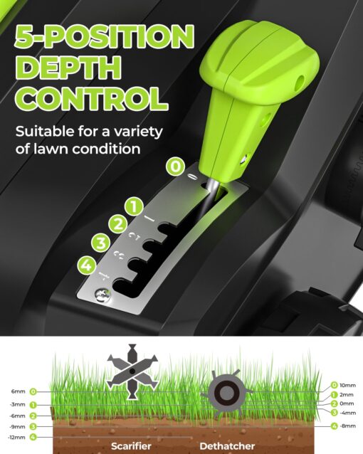 2-in-1 16-Inch Dethatcher & Scarifier Electric Corded, 15 Amp Copper Motor, Electric Lawn Dethatcher with 5-Position Depth Adjustment, 14.5 gal Thatch Bag,Walk Behind for Yard Lawn Garden Care - Image 8