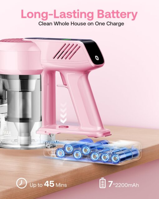 Cordless Vacuum Cleaner, 40Kpa 45Mins Vacuum Cleaners for Home, 8-in-1 Lightweight Stick Vacuum with Powerful Suction, Anti-tangle Wireless Vacuum for Carpet, Tile, Pet Hair, Hardwood Floors, Pink - Image 4