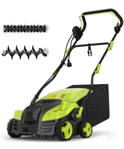 16-Inch Electric Dethatcher and Scarifier, YERYORK 2-in-1 Lawn Dethatcher with Powerful 15 AMP Motor 14.5Gal Collection Bag 5-Position Depth Foldable Handle for Lawns & Garden (Green)