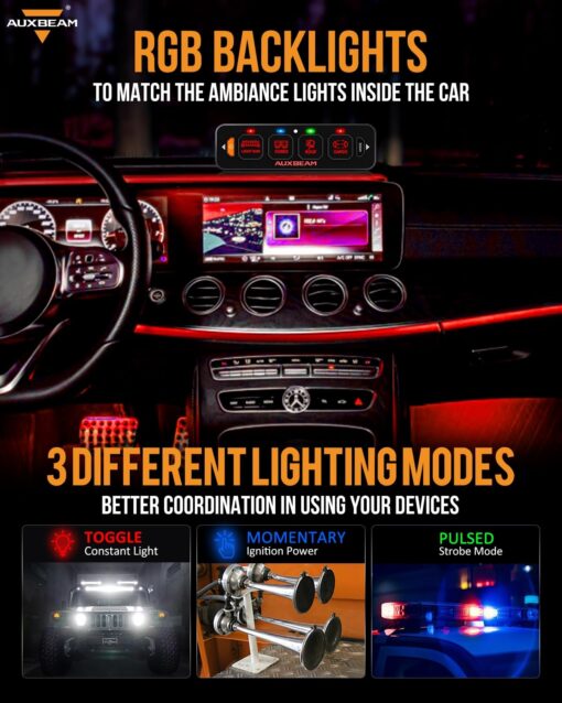 Auxbeam 4 Gang Slim Switch Panel RGB AS-R40 Automatic Dimmable Switch Panel with Toggle Momentary Pulsed LED Control Panel Off Backlight 12-24V for Truck Offroad Car Boat Waterproof, 2-Year Warranty - Image 7
