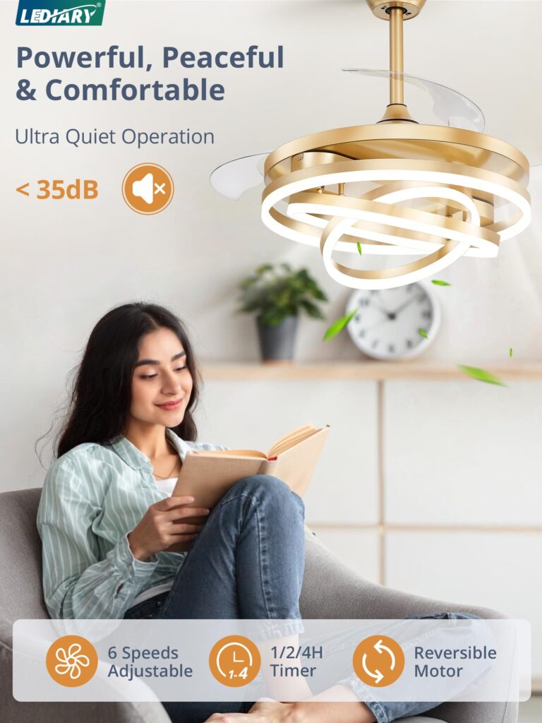 LEDIARY 42 Inch Retractable Ceiling Fan with Lights, Fandelier Ceiling Fan with 6 Speeds,3000K-6000K Adjustable,and DC Motor,Chandelier Ceiling Fans with Lights and Remote for Bedroom Living Room,Gold - Image 5