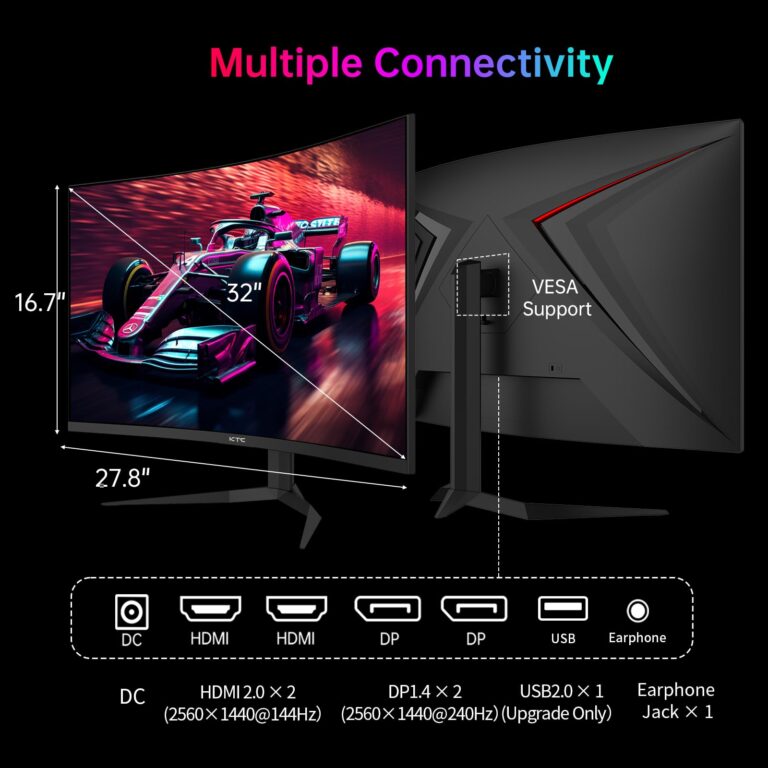 KTC 32 Inch 240Hz Curved Gaming Monitor, 2K 1440P Computer PC Monitor with 1000R 1ms Frameless, Adaptive Sync,122% sRGB, HDMI, DisplayPort, Tilt Adjustable, H32S25E - Image 2