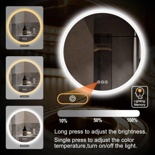 S·BAGNO 24’’ Round Led Bathroom Mirror with Lights, Backlit and Front Lighted, Anti-Fog Wall-Mounted Vanity Mirror 3000K/4000K/6500K, Dimmable Inside Bluetooth Speaker Smart Mirror - Image 7
