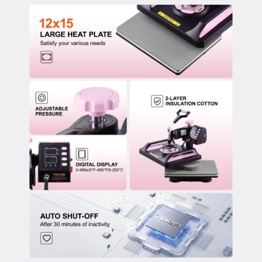 VEVOR 5 in 1 Heat Press Machine Combo with 30 OZ Tumbler Press & Hat Press 12x15 inch Heat Press for T-Shirts, Hats Caps Tumblers Glass Cans Mugs, and Plates (Pink & Black) - Image 4