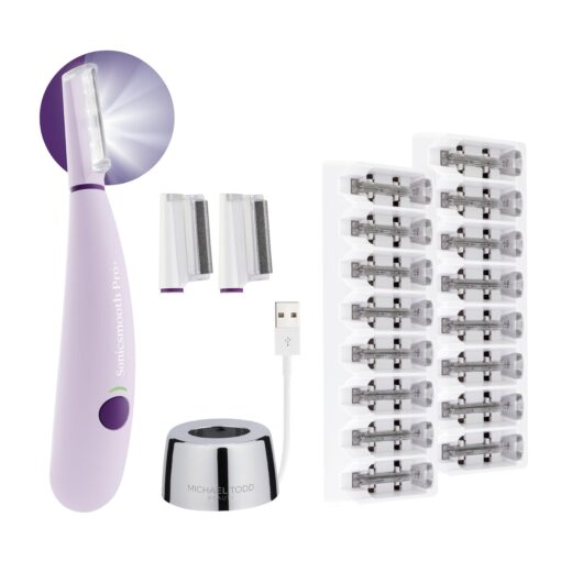 Michael Todd Beauty Sonicsmooth Pro+ Dermaplane Razor for Women Face + Eyebrow trimmer Dermaplaning System w/LED Light Peach Fuzz Remover -16 Dermaplaning Blades & 2 Microsmooth Microdermabrasion Tips