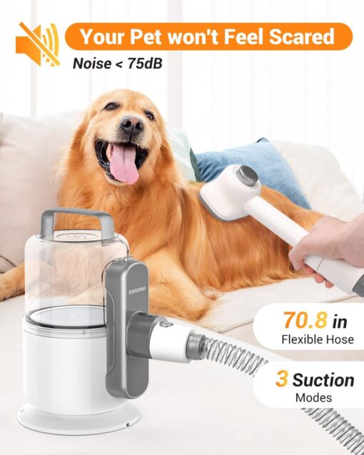 Dog Vacuum Grooming Kit for Shedding: Professional Hair Clippers Pet Groomer - Strong Suction Cleaner Deshedding Tool Fur Brush Attachment Trimmer for Home Cat (Off-White) - Image 2