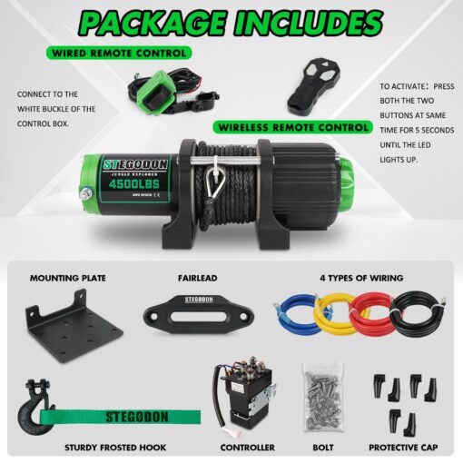 STEGODON Winch 4500 lb Winch ATV/UTV Winch 12V Waterproof Electric Winch Synthetic Rope Winch for ATV UTV Towing Trailer Winches with Wireless Remote,Wired Handle and Winch Mounting Plate - Image 3