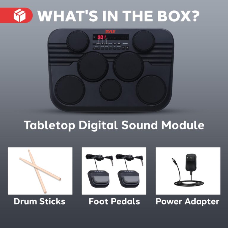 Pyle Electronic Tabletop Digital Drum Set, Compact Portable Drum Pad Kit w/ 7 Touch Sensitive Drum Pads and Pedals, 273 Sounds, USB & Headphone Outputs, MIDI/AUX Inputs, 4x5” Drums & 3x3.5” Cymbals - Image 2