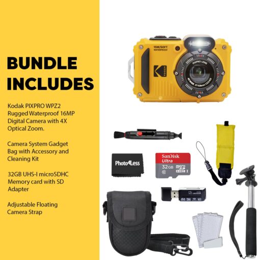 Kodak PIXPRO WPZ2 Rugged Waterproof Shockproof Digital Camera 16MP 4X Optical Zoom 1080P Full HD Video, 2.7 LCD (Yellow), 32GB SD Card, Black Compact Camera Case, Floating Strap, Bundle (7 Items) - Image 4