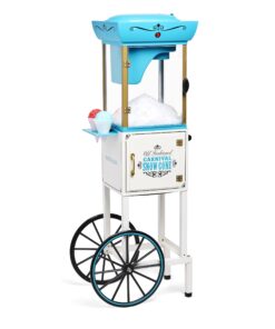 Nostalgia Snow Cone Shaved Ice Machine - Retro Cart Slushie Machine Makes 48 Icy Treats - Includes Metal Scoop, Storage Compartment, Wheels for Easy Mobility - White, Blue